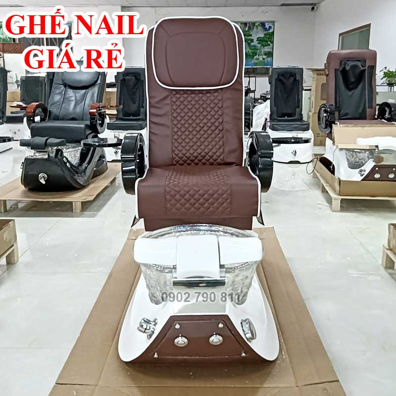 Ghế nail bồn màu trắng da ghế màu nâu