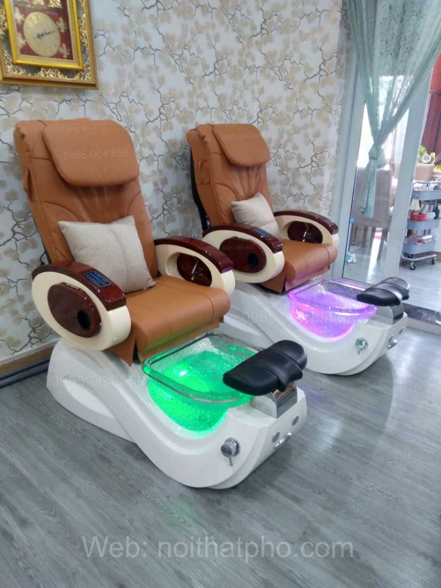 Ghế Nail Pedicure bồn màu trắng chậu thủy tinh có đèn đổi màu 
