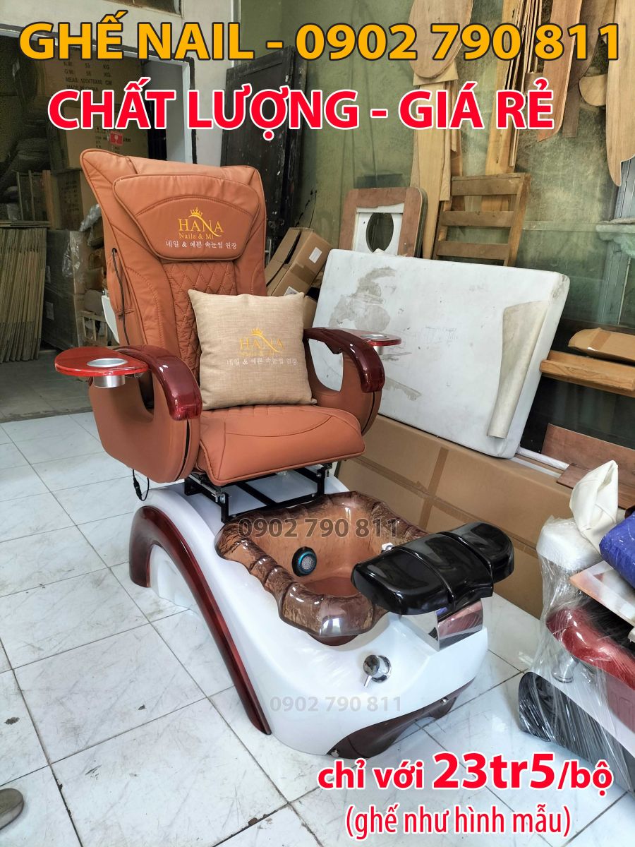 Ghế Nail hiện đại bục màu trắng, chậu màu trà bọc da màu da bò