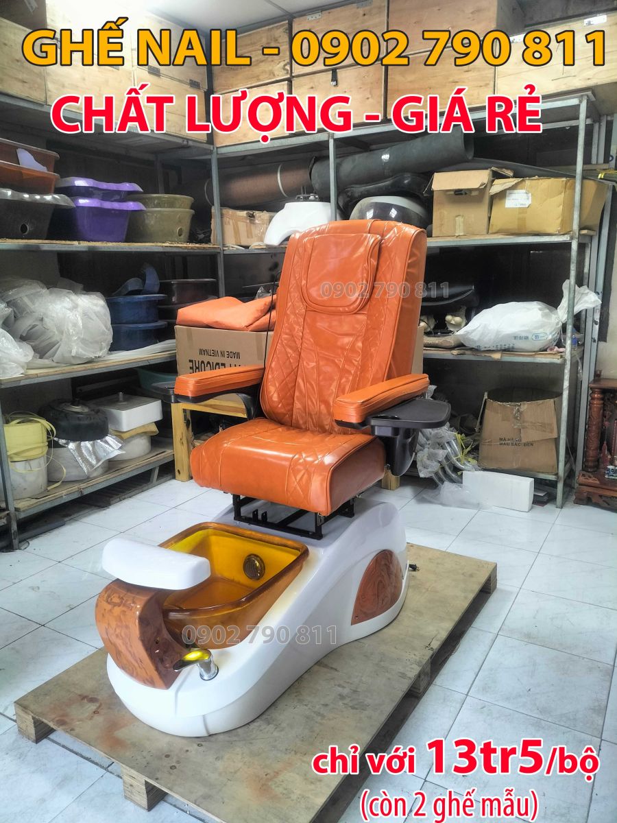Ghế Nail bục trắng bọc da màu cam