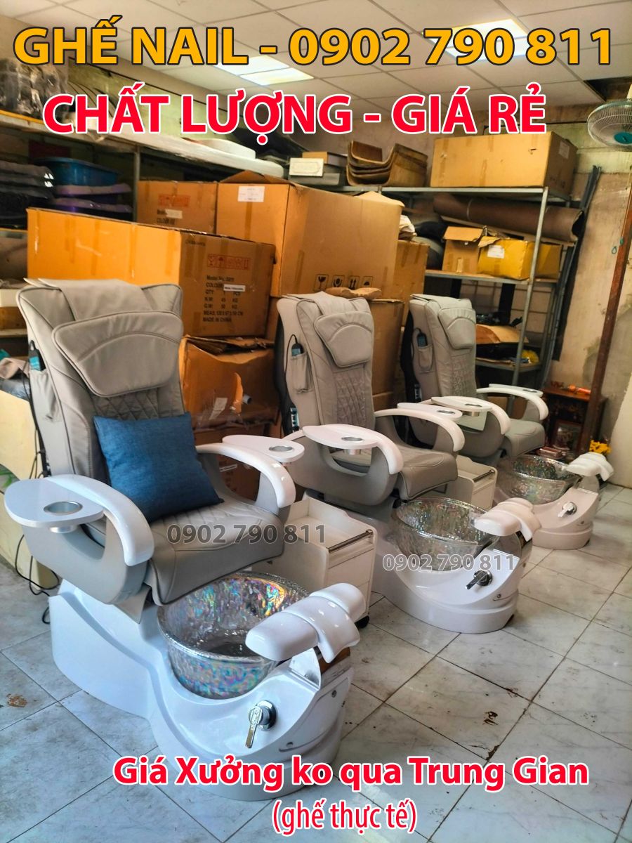 Ghế Nail Pedicure bục màu trắng bọc da màu xám
