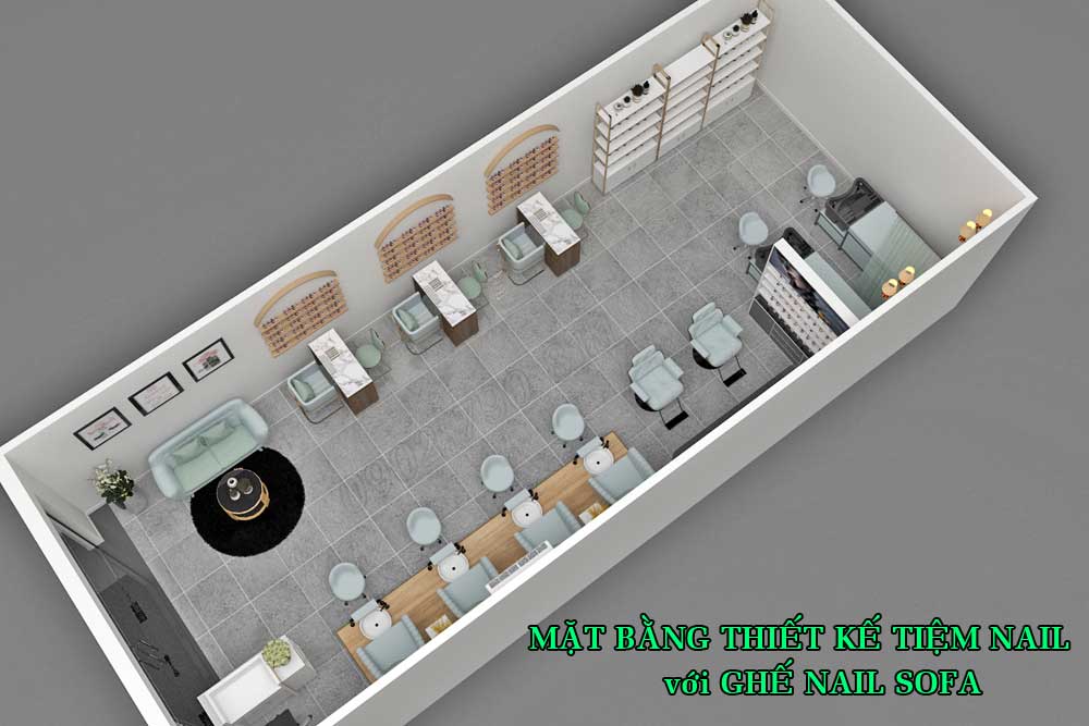 mặt bằng thiết kế tiệm nail với ghế sofa nail